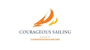 Logo featuring two abstract sail shapes in orange and yellow above the words "Courageous Sailing." Below is text reading "Donate at: courageoussailing.org" in orange and gray font. White background.