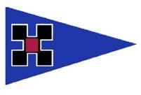 A blue triangular pennant with a black and white outlined cross shape near the left edge, featuring a red square at the center of the cross.