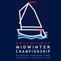 Stylized sailboat graphic above wavy blue lines with text: "2018 Optimist Midwinter Championship, an Allstate Sugar Bowl event, Southern Yacht Club" on a dark blue background.