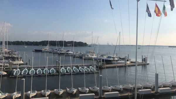 A marina with several rows of docked sailboats and yachts, calm water, and a clear blue sky. Flags are visible on tall poles in the foreground, and a tree-lined shoreline is in the distance.