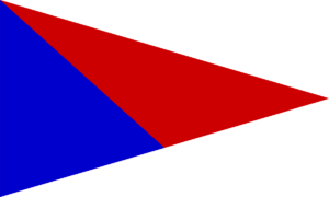 A geometric image featuring a large right triangle divided diagonally; the left side is filled with a solid blue color and the right side with a solid red color.