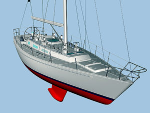 A computer-generated image of a white sailboat with a red keel and blue stripe, viewed from above at an angle, showing its deck layout, rigging, and steering wheel against a light blue background.