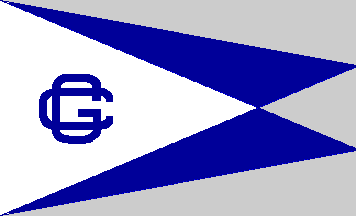 A blue and white triangular pennant flag with a stylized blue letter "G" outlined near the hoist side, set against a white field with blue triangles on the top and bottom.