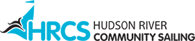 Logo for Hudson River Community Sailing featuring a stylized blue sailboat with black waves, and the acronym "HRCS" in blue beside the full organization name in black and gray text.