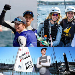 Three photos: Top left, two young sailors smiling on a boat; top right, two sailors in helmets and gear posing cheerfully; bottom, a sailor stands by a sailboat docked in a marina, wearing an AUS uniform.