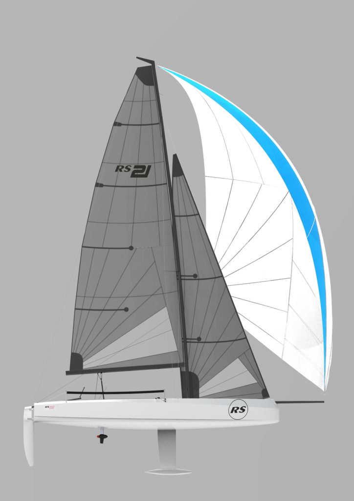 A modern sailboat with a gray hull, black and gray sails, and a large white spinnaker featuring a blue stripe, set against a plain gray background.