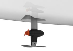 A close-up view of a boat’s underwater propeller and rudder system, with a black and orange propeller mounted on a vertical shaft, partially attached to the boat hull above.