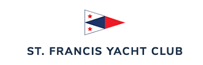 Logo of the St. Francis Yacht Club featuring a triangular pennant with blue and red sections and two red stars, above the club's name in bold navy letters.