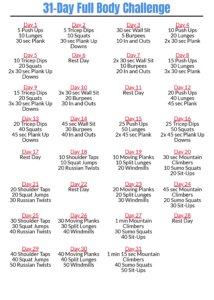 Calendar-style chart titled "31-Day Full Body Challenge" with daily exercise routines listed for each day, alternating between various push-ups, squats, planks, sit-ups, lunges, and rest days throughout the month.