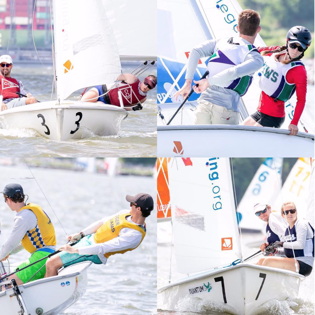 A collage of four images shows pairs of sailors racing in small sailboats on the water, each wearing life vests and sailing gear. The boats are marked with numbers and colorful sails.