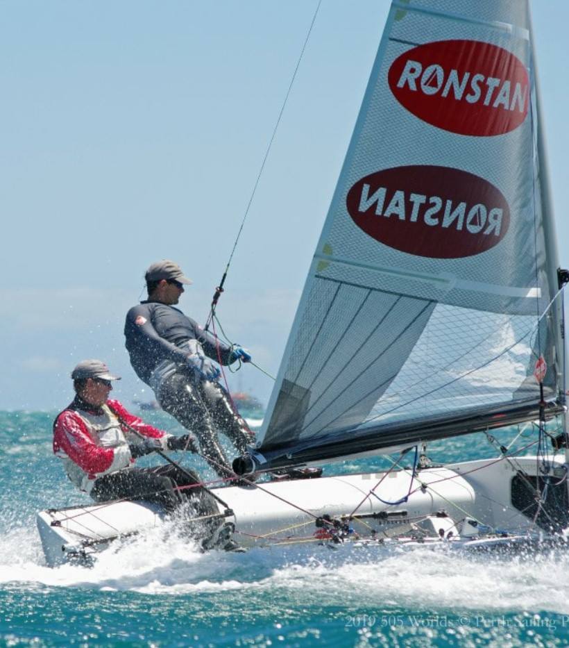 Two sailors maneuver a small sailboat at high speed on blue water. One sailor leans out over the edge while the other steers. The sailboat has “RONSTAN” printed on its sail in red. Splashes of water surround the boat.