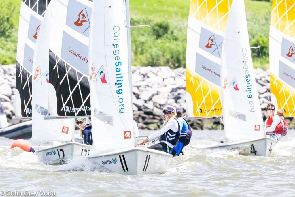 Three people sail small racing boats on a sunny day, with "Collegesailing.org" and colorful sails visible. The water is choppy, and a grassy shoreline and rocks are in the background.