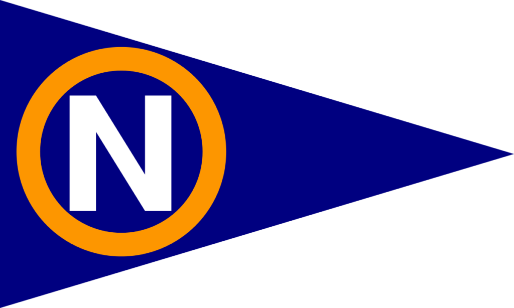 A blue triangular pennant with a bold white letter 'N' centered inside an orange circle. The circle and letter are positioned near the left side of the flag.