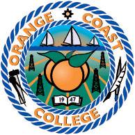 The Orange Coast College logo featuring a large orange, sailboats, oil rigs, a book with "1947," and a blue rope border with the text "Orange Coast College.