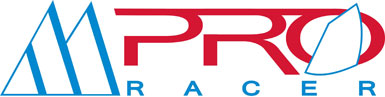 Logo with blue geometric sailboat shapes on the left, stylized red text 'PRO' in the center, and blue text 'RACER' below, with a sail shape forming part of the letter 'O' in 'PRO'.