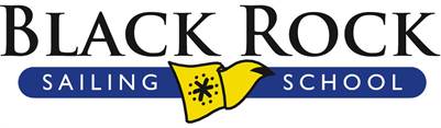Logo for Black Rock Sailing School featuring bold black lettering, a yellow nautical flag with a black symbol, and a blue banner with white text reading "Sailing School.