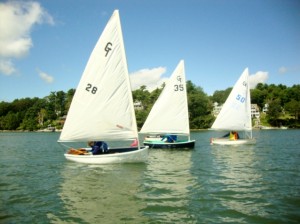 Three small sailboats with white sails are floating on a calm lake, each with a number on its sail. There are trees and houses on the shoreline in the background under a blue sky.
