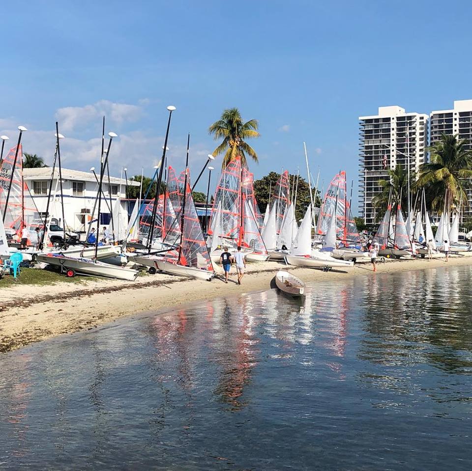 Dozens of small sailboats with colorful sails are lined up on a sandy beach by calm water, with palm trees, people, and tall buildings in the background under a clear blue sky.