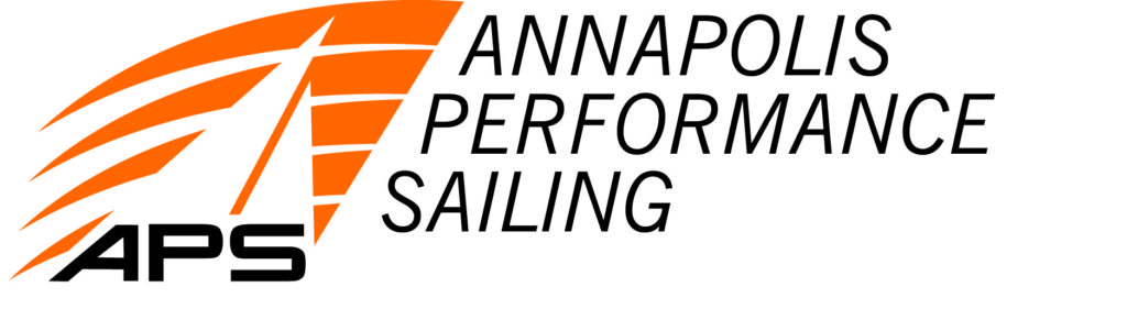Logo for Annapolis Performance Sailing. It features an orange stylized sail graphic on the left, with the black text 'APS' below the sail, and 'ANNAPOLIS PERFORMANCE SAILING' to the right.