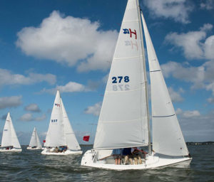 Several white sailboats with people onboard race on open water under a blue sky with scattered clouds. The closest boat has the number 278 on its sail; other boats are visible in the background.
