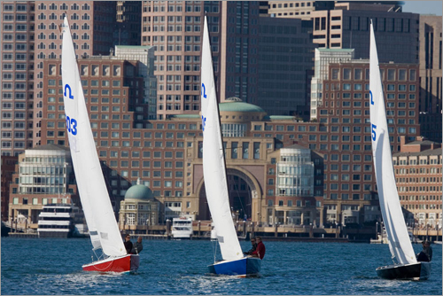 Three sailboats with tall white sails glide on the water in front of a cityscape with large, modern buildings and domed rooftops. The boats are red, blue, and white, and the sky is clear.