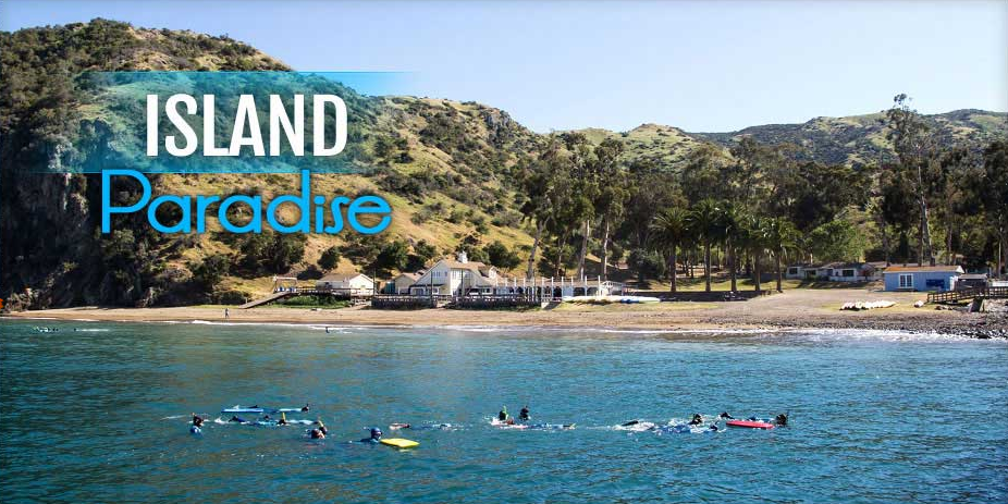 A scenic view of a lush green island coastline with people kayaking and paddle boarding in the clear blue water. White text reads 'Island Paradise' on the left over the landscape.
