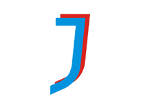A blue curved line forming a shape similar to the letter "J", with a red shadow slightly offset to the right, on a white background.