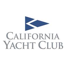 California Yacht Club logo featuring a blue triangular pennant with a white zigzag line, above the words "California Yacht Club" in elegant gray capital letters.