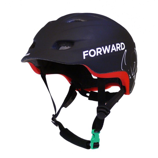 A black sports helmet with a short visor, red interior padding, and a chin strap. The word 'FORWARD' is printed in white on the side, along with a white graphic of a bull's head.