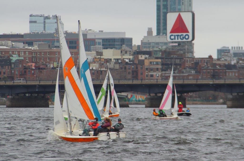 Several small sailboats with colorful sails race on a river, with people onboard. In the background, there is a city skyline, a bridge, and a large CITGO sign. The sky is overcast.