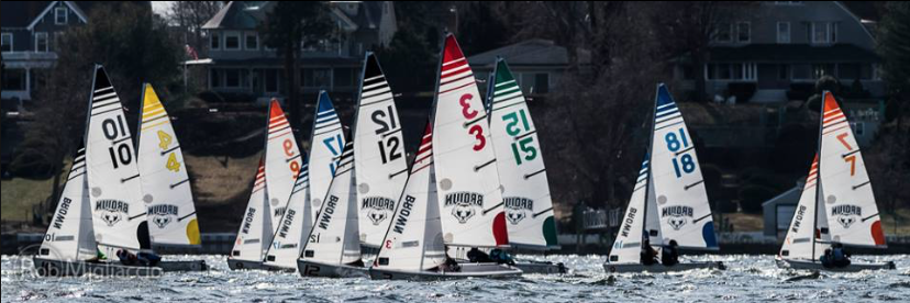 A group of small sailboats with colorful sails, each marked with numbers, racing on a lake with houses and trees visible in the background.