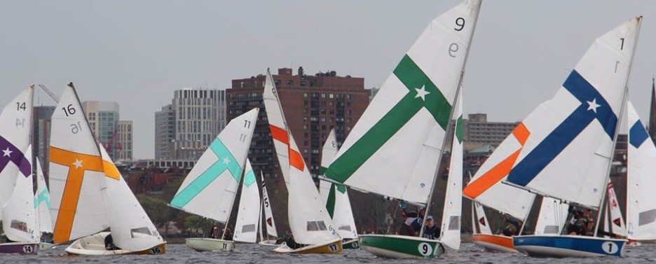 Sailboats with colorful sails race on the water near a city shoreline, with tall buildings visible in the background and several boats leaning as they catch the wind.