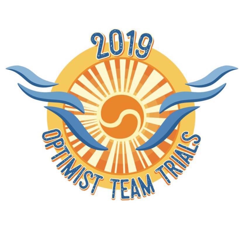 Logo for the 2019 Optimist Team Trials featuring a stylized sun with blue waves and orange rays, with text curving around the bottom reading "OPTIMIST TEAM TRIALS.
