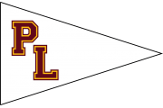 A white triangular pennant with the maroon and gold letters "PL" in the left corner.
