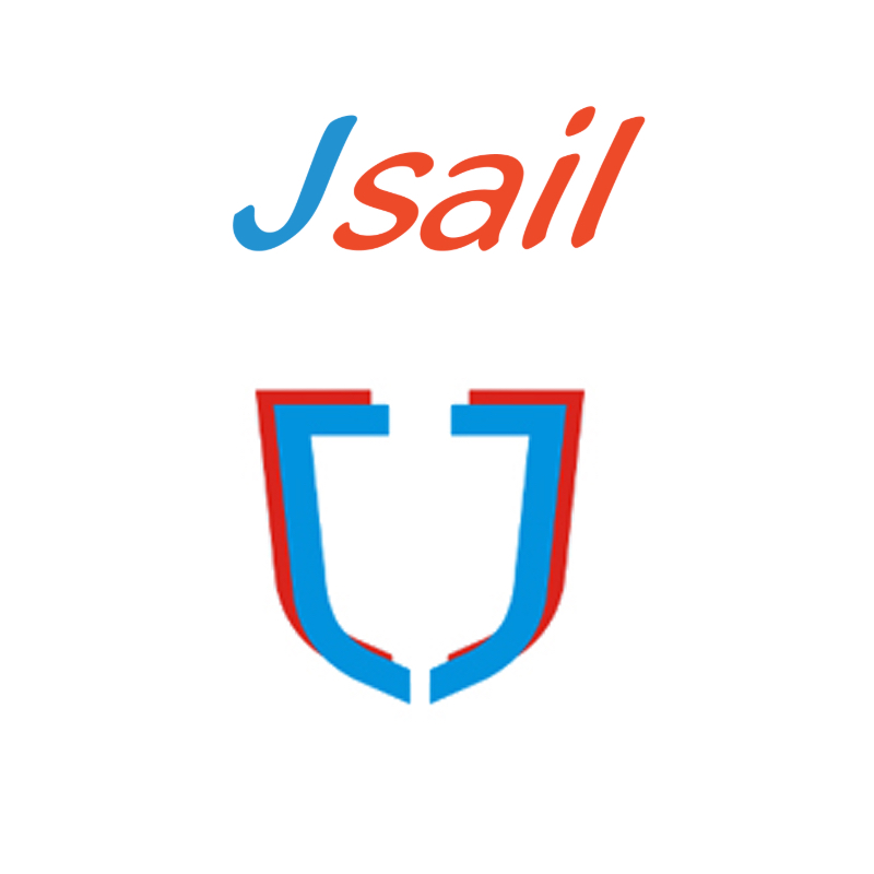 The image shows the word 'Jsail' in stylized text, with 'J' in blue and 'sail' in red. Below it is a shield-like shape outlined in blue and red on a white background.
