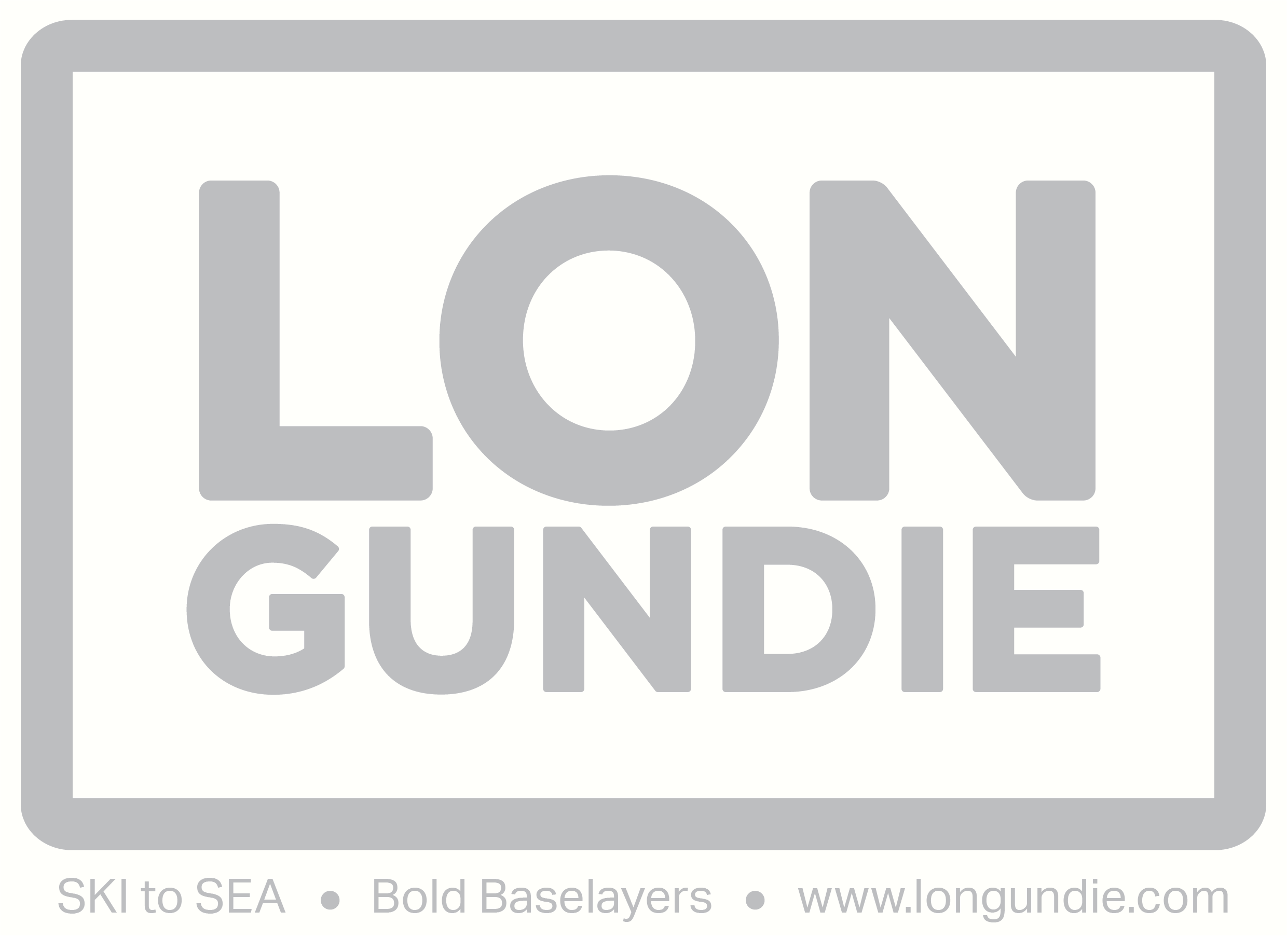 A rectangular logo with the words "LON GUNDIE" in large letters. Below are the phrases "SKI to SEA", "Bold Baselayers", and the website "www.longundie.com".