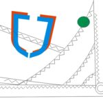 A stylized shield outline in red and blue appears over a background of intersecting zigzag and curved lines, with a green circle positioned near the upper right.