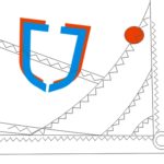 A stylized blue and red shield-like logo overlaps a black and white geometric drawing with zigzag lines, a red circle, and intersecting shapes in the background.