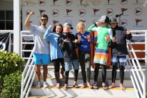 Six smiling kids pose on steps in front of a nautical club banner, wearing sun hats, sunglasses, and colorful outdoor clothing, making playful hand gestures and looking happy.