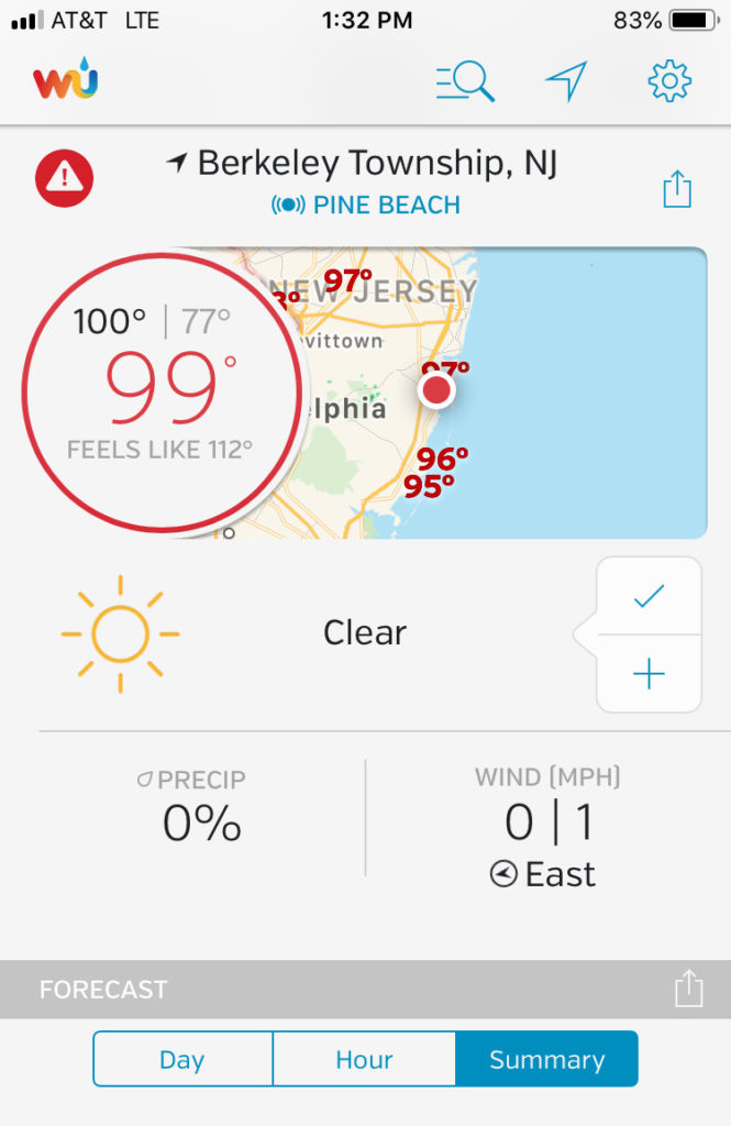 A weather app screen shows Berkeley Township, NJ with a temperature of 99°F, feels like 112°F. The weather is clear with 0% chance of precipitation and 1 mph east wind. Nearby areas display temperatures from 95°F to 97°F.