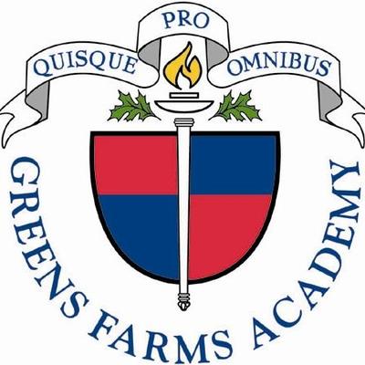 The Greens Farms Academy logo featuring a blue and red shield with a white torch above it, flanked by green leaves and a ribbon reading "Quisque Pro Omnibus." The school name circles around the emblem.