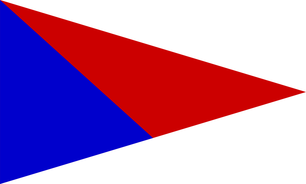A large right triangle split diagonally into two smaller triangles; the left side is blue and the right side is red, forming a bold, geometric pattern.