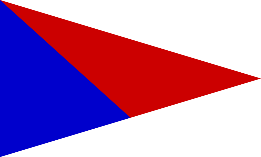A large right triangle split diagonally into two smaller triangles; the left side is blue and the right side is red, forming a bold, geometric pattern.