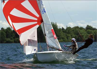 Two people are sailing a small boat with a bright red and white sail on a lake. One sailor is leaning far out over the water, while the other is steering. Trees and greenery are visible in the background.