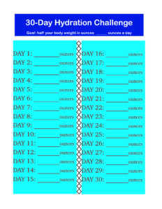 A turquoise 30-day hydration challenge chart with spaces to record daily water intake in ounces. The chart is split into two columns and has a blue header with instructions to drink half your body weight in ounces each day.