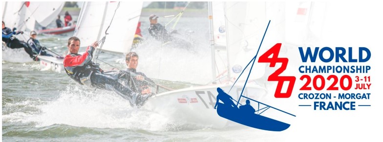 Sailors competing in a dinghy race on the water with the text '420 World Championship 2020, 3-11 July, Crozon-Morgat, France' and a blue sailboat graphic on the right side.