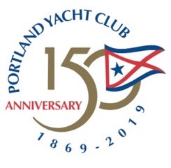 Portland Yacht Club 150th Anniversary logo with club burgee, the years 1869–2019, and the word 'Anniversary' in red text.