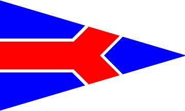 A flag with a bold red arrow outlined in white pointing left, over a blue background divided by two thick diagonal gray bands, one from top left to bottom right and one from top right to bottom left.