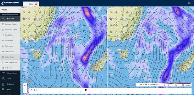 A weather map showing wind patterns and precipitation around southern Australia and Tasmania, with swirling wind lines and shaded areas indicating varying rain intensity from 0.3 to 30 mm/hr.