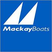 Mackay Boats logo featuring two white triangular sails above the words "Mackay Boats" in white text on a blue background.